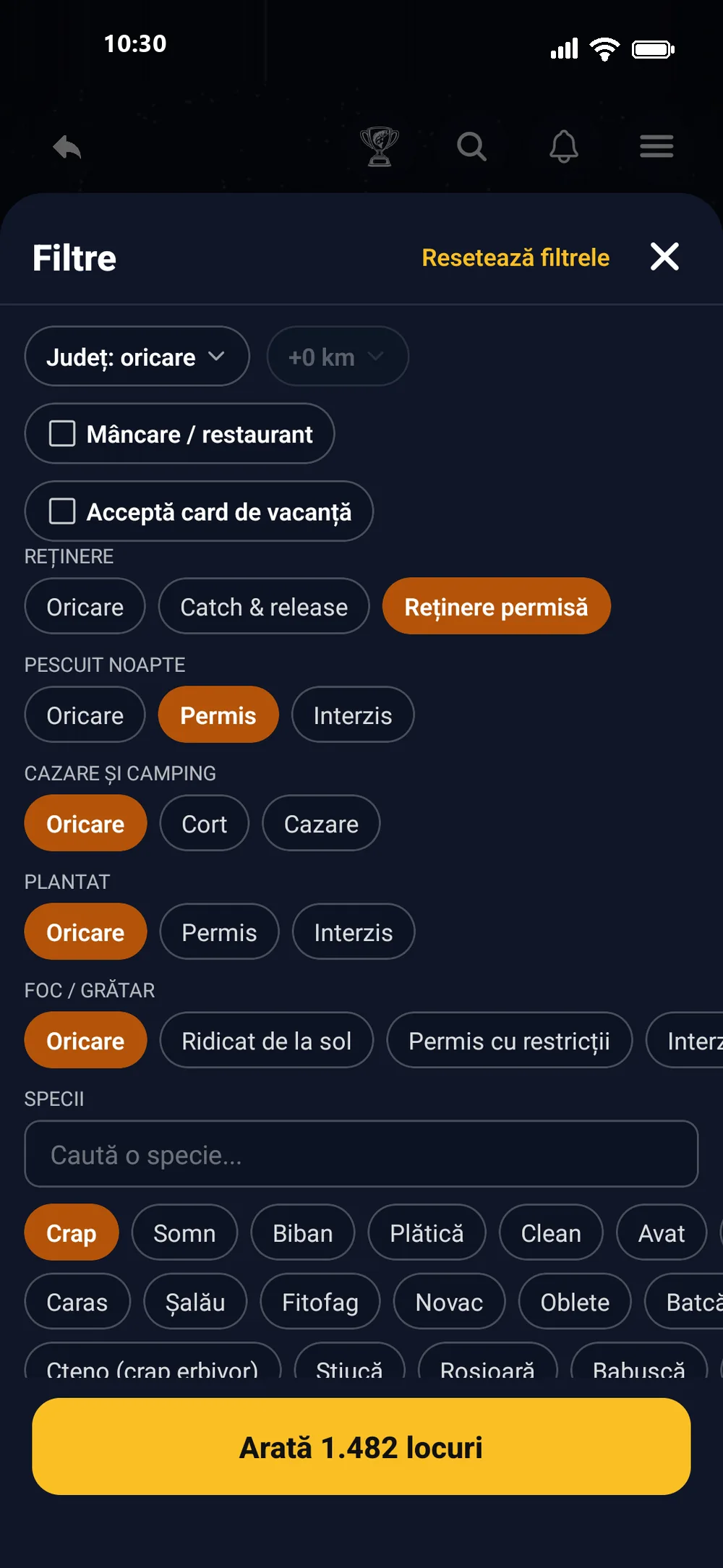 Filtrele de căutare în aplicația RoFish