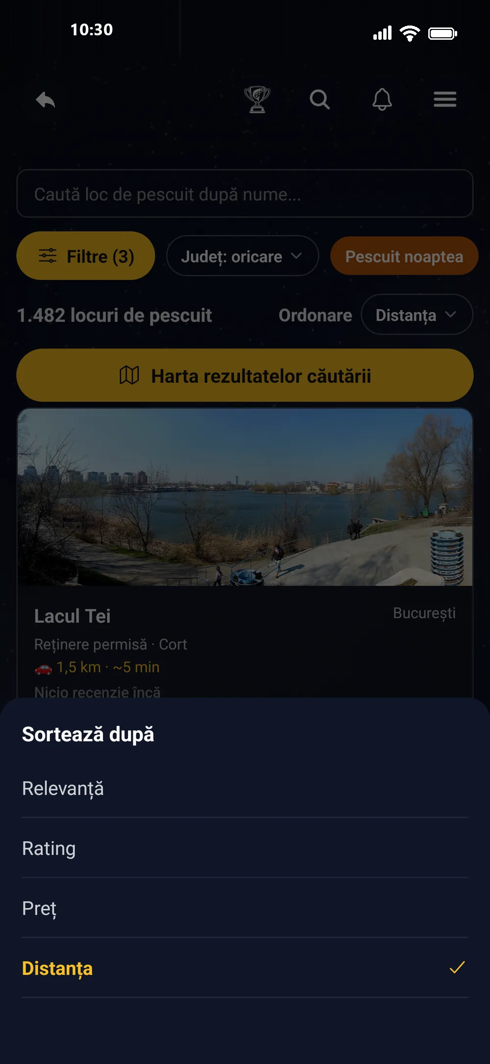 Ordonarea rezultatelor în aplicația RoFish