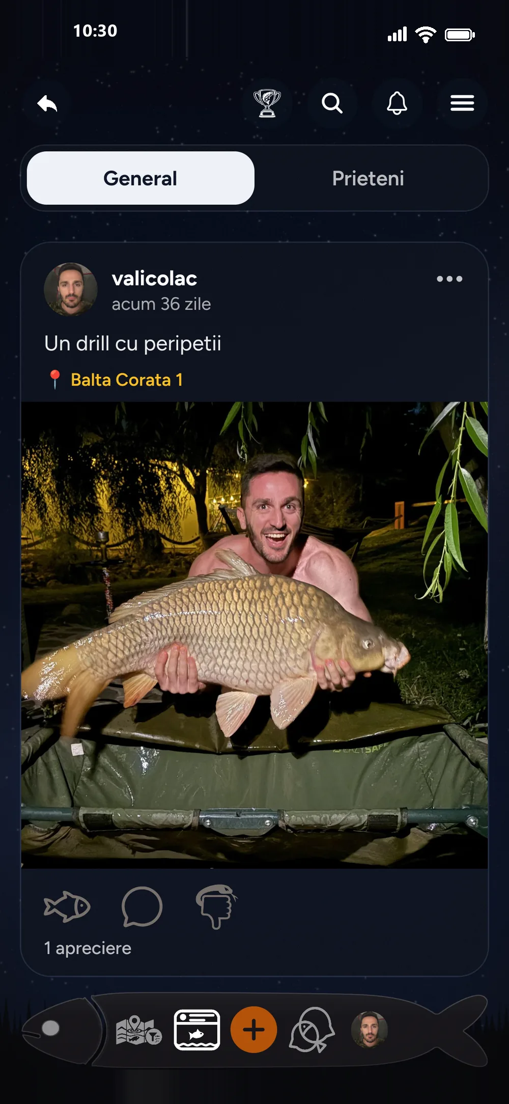 O postare cu o captură în feed-ul aplicației RoFish