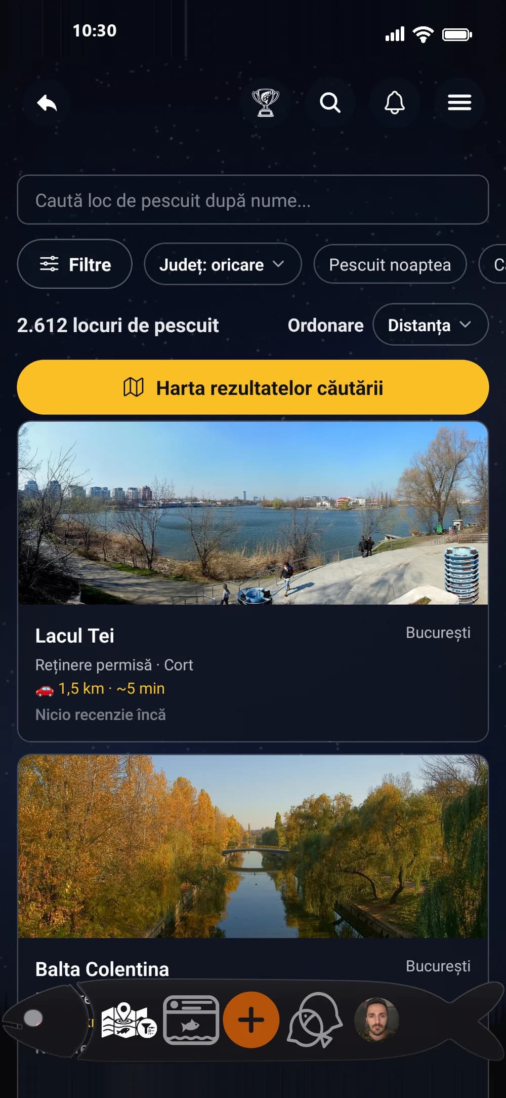 Rezultatele căutării în aplicația RoFish