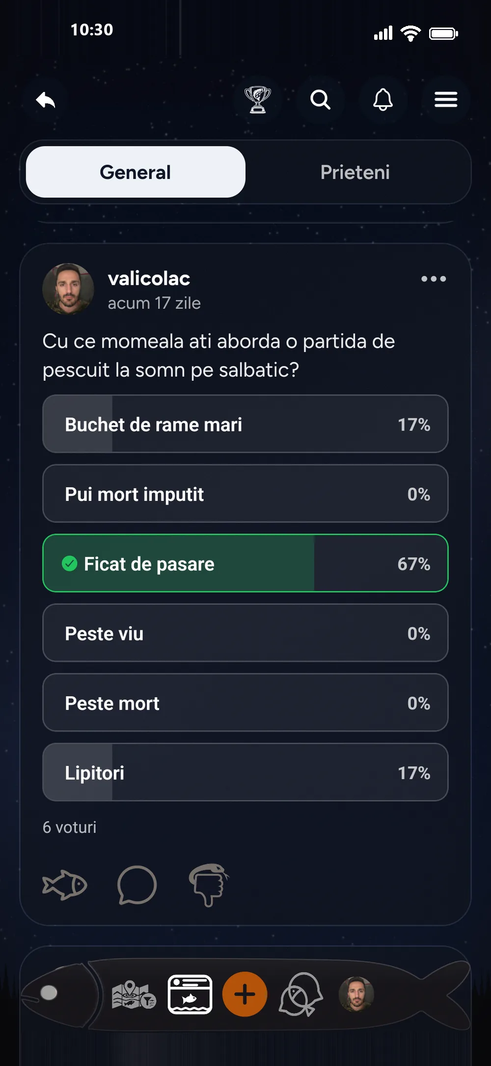 Un sondaj în feed-ul aplicației RoFish