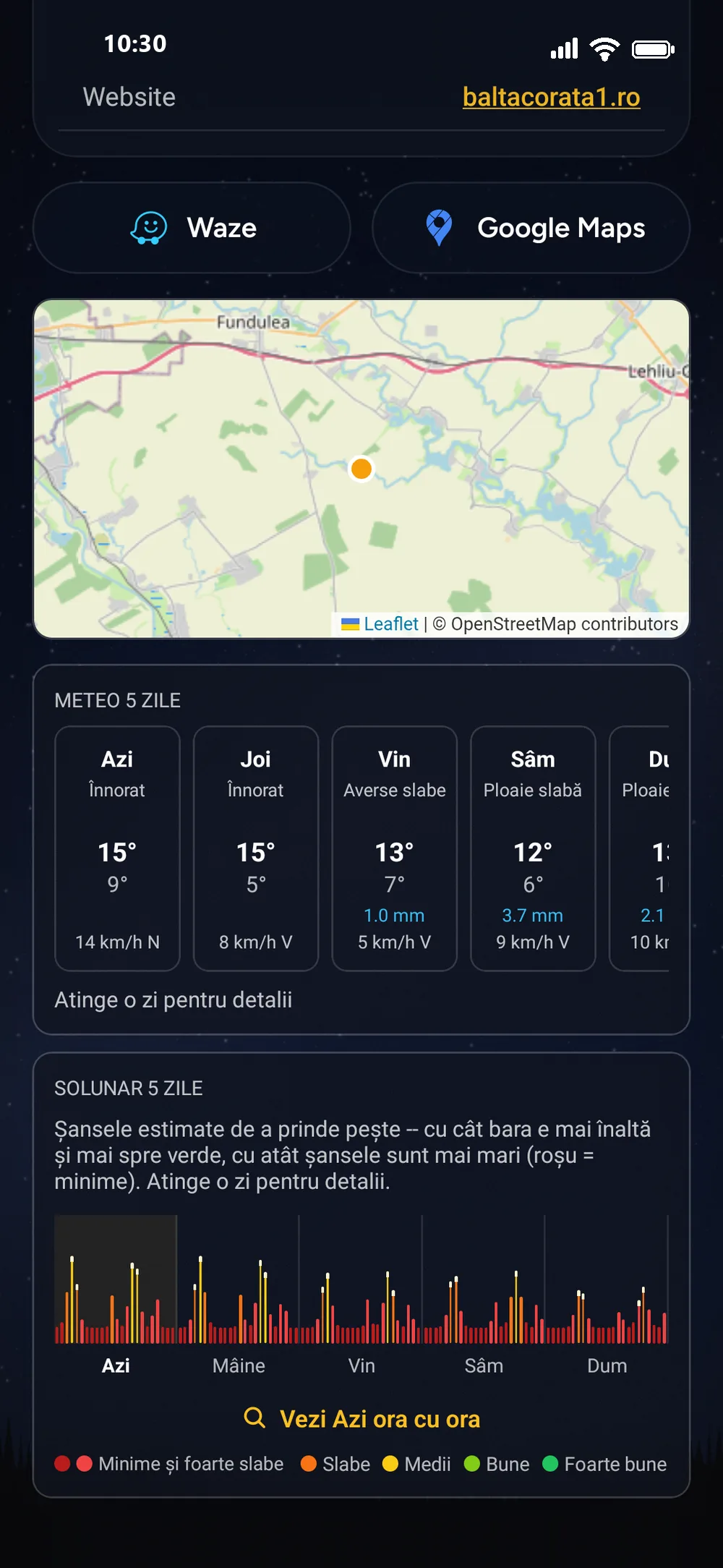 Vremea, solunarul și vântul pe apă în aplicația RoFish