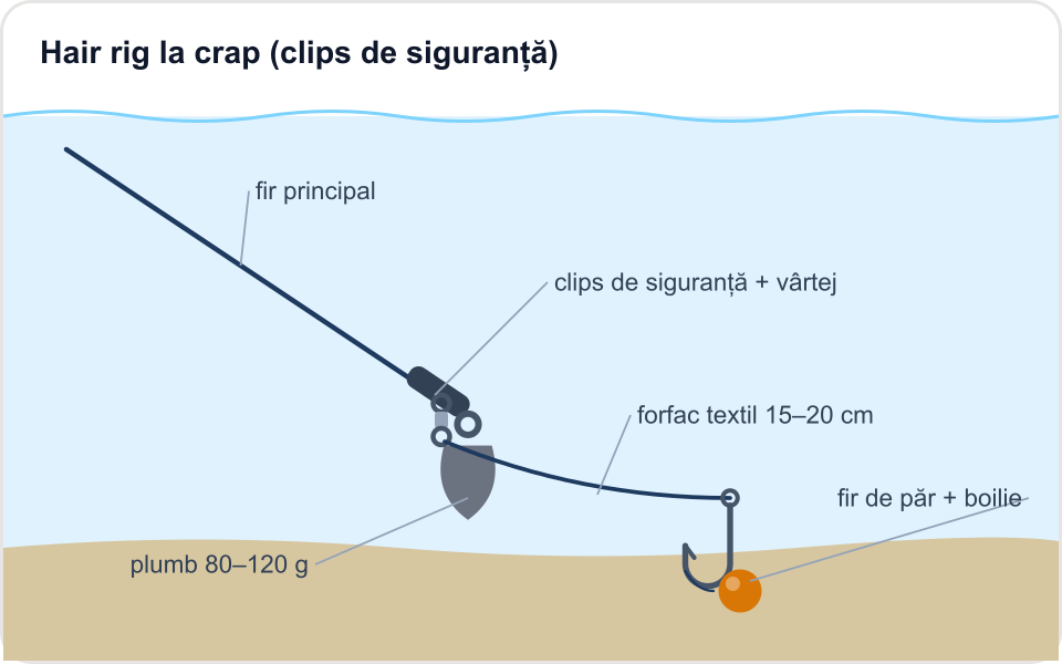 Ilustrație: Hair rig la crap (plumb cu clips de siguranță)